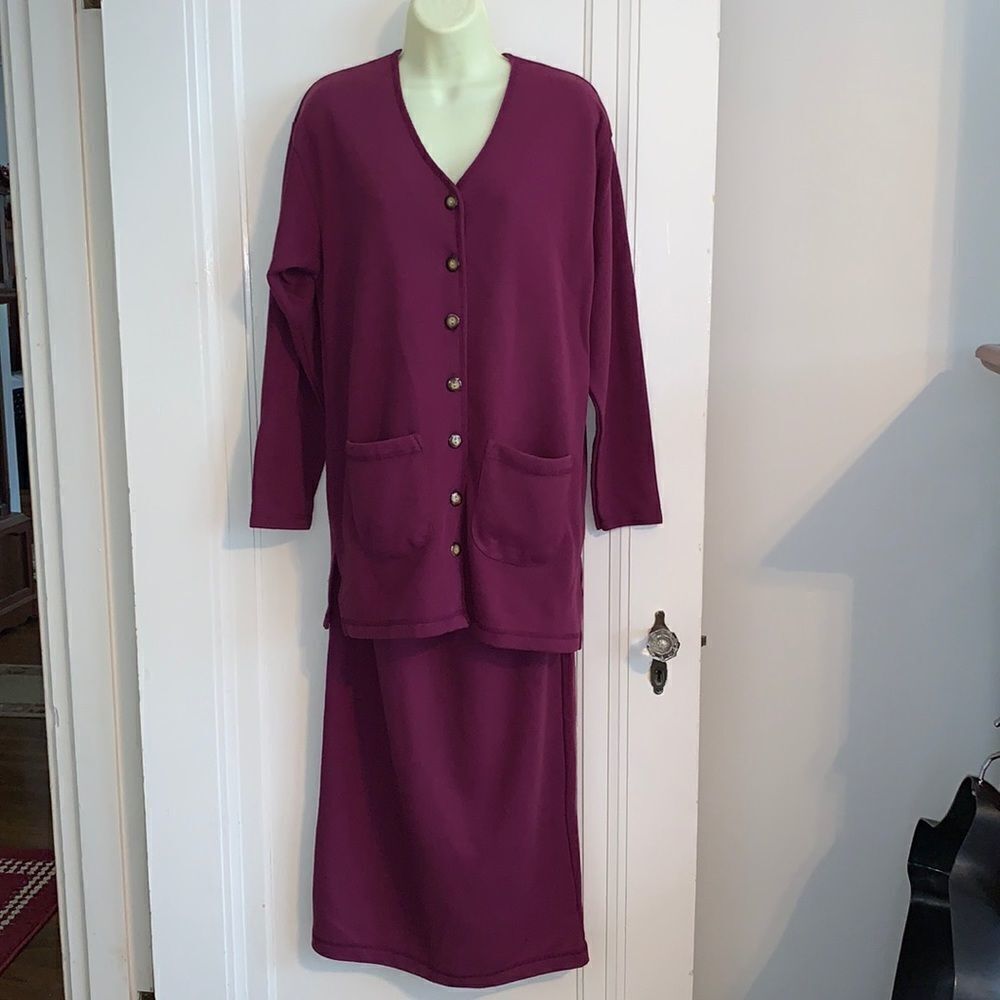David Hollis purple long ribbed cardigan & sweater skirt outfit